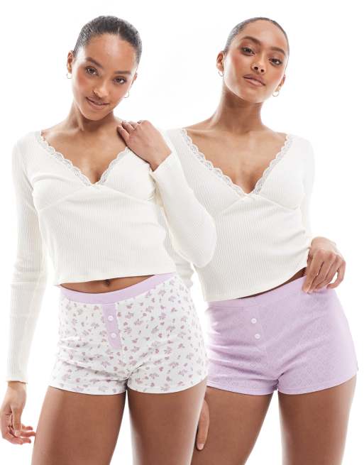 ASOS DESIGN Felicity 2 pack boxers in ditsy print and lilac pointelle