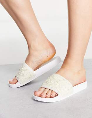 Asos Design Wide Fit Felicity Faux Pearl Embellished Sliders In