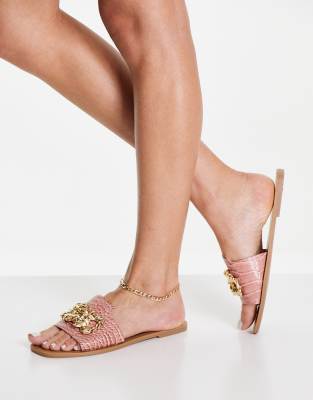 ASOS DESIGN Felix flat mules with metal trim in pink croc