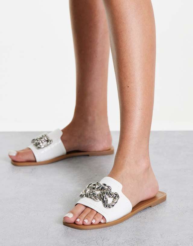 ASOS DESIGN Felix flat mules with metal trim in white croc