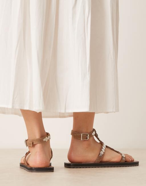 ASOS DESIGN Felix metal coin flat sandals in mushroom suede, 2 of 4