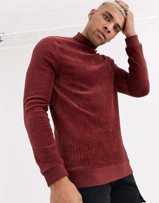 ASOS DESIGN - Felpa a coste con collo alto marrone rossastro