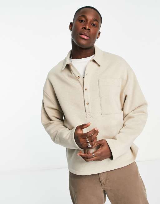 ASOS DESIGN - Felpa a coste oversize con colletto stile polo beige