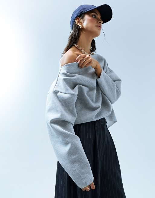 ASOS DESIGN - Felpa a maniche lunghe in tessuto scuba grigio con scollo a barchetta