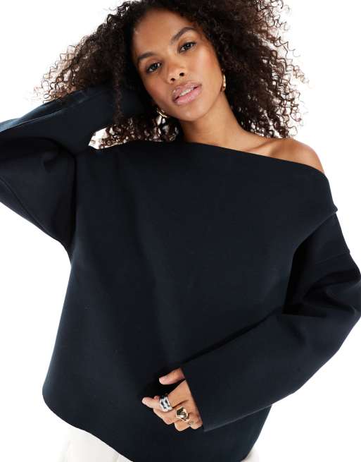 ASOS DESIGN - Felpa a maniche lunghe in tessuto scuba nero con scollo a barchetta