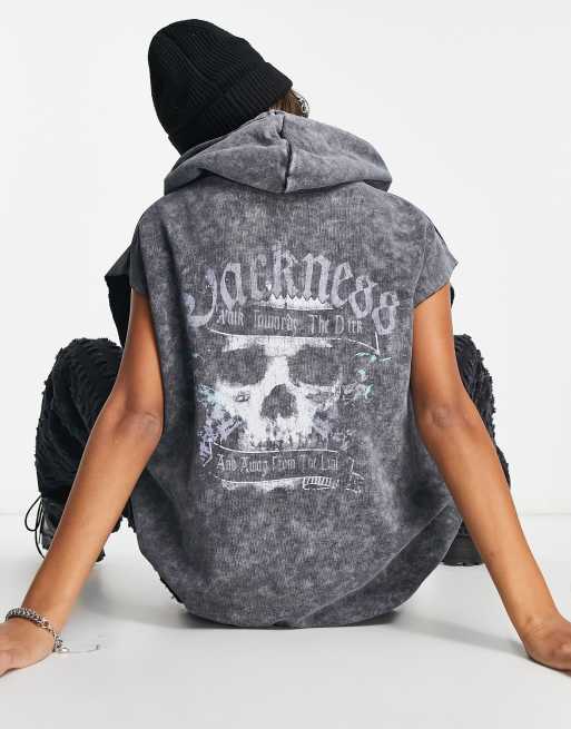 ASOS DESIGN - Felpa antracite con cappuccio e stampa stile rock