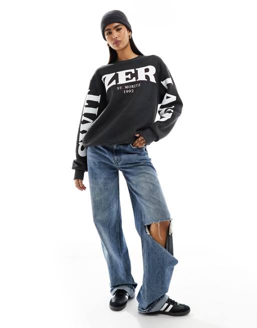 ASOS DESIGN - Felpa antracite con scritta di sci