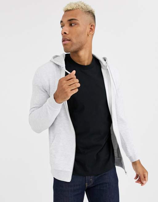 ASOS DESIGN - Felpa attillata bianco mélange con cappuccio e zip