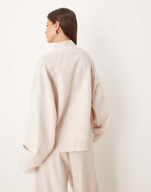 ASOS DESIGN - Felpa avena mélange con pannello piqué e zip corta in coordinato, 4 di 4