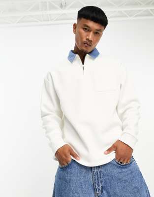 ASOS DESIGN polo sweatshirt with zip and denim collar in off white - ASOS Price Checker