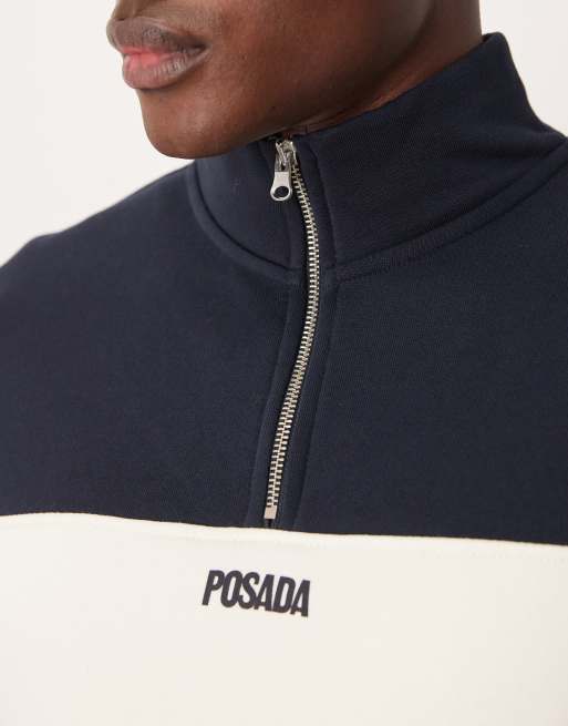 ASOS DESIGN - Felpa blu navy color block e con stampa e zip corta, 5 di 5