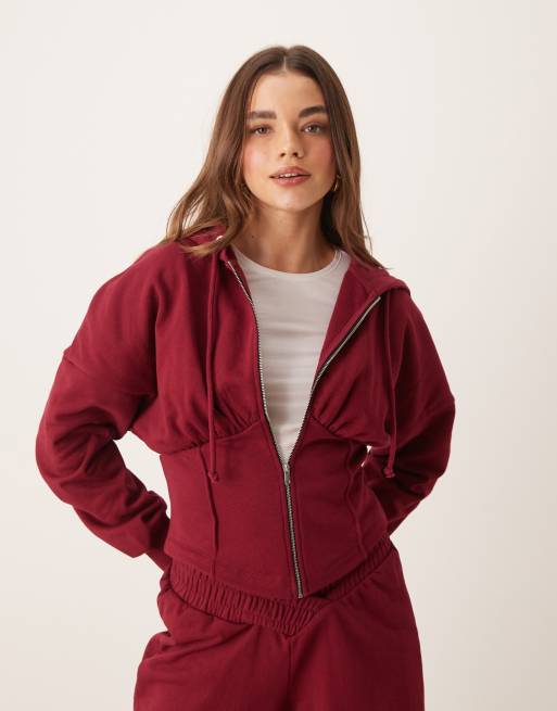 ASOS DESIGN - Felpa bordeaux strutturata a corsetto con cappuccio in coordinato