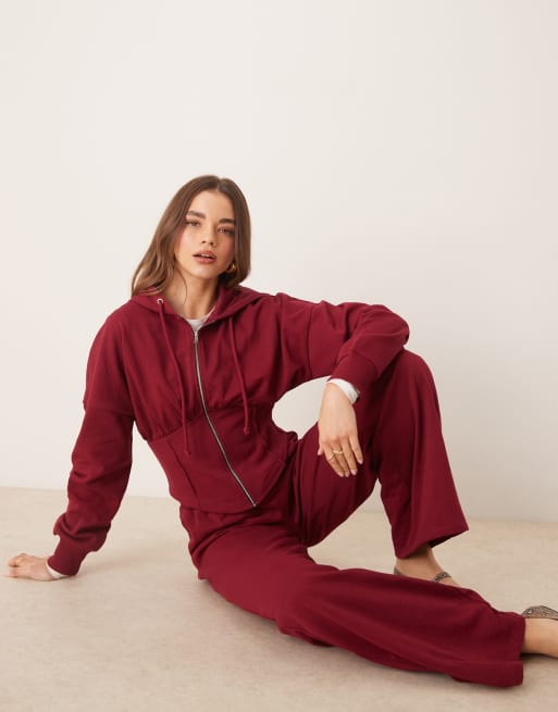 ASOS DESIGN - Felpa bordeaux strutturata a corsetto con cappuccio in coordinato, 2 di 4