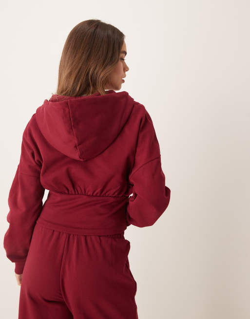 ASOS DESIGN - Felpa bordeaux strutturata a corsetto con cappuccio in coordinato, 3 di 4