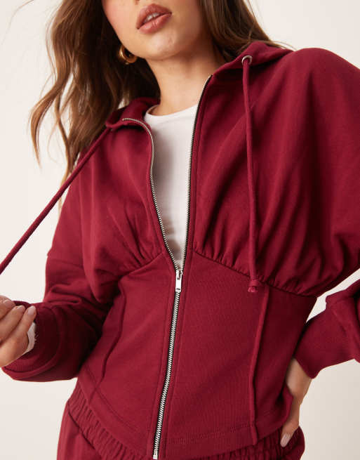 ASOS DESIGN - Felpa bordeaux strutturata a corsetto con cappuccio in coordinato, 4 di 4