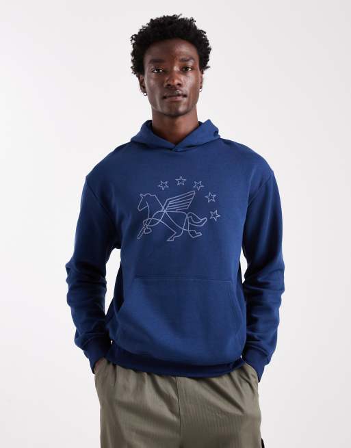 ASOS DESIGN - Felpa color blu navy con cappuccio e stampa sportiva gommata