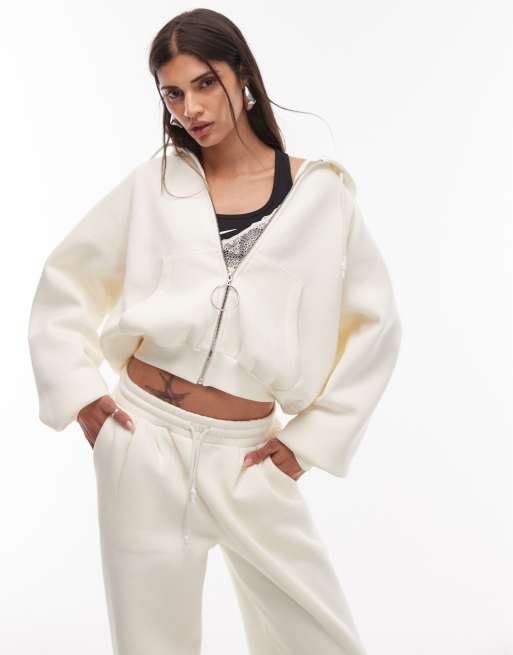 ASOS DESIGN - Felpa color crema con cappuccio e zip in coordinato