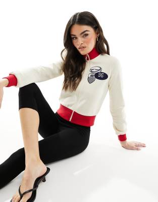 ASOS DESIGN - Felpa color crema con grafiche sportive e zip
