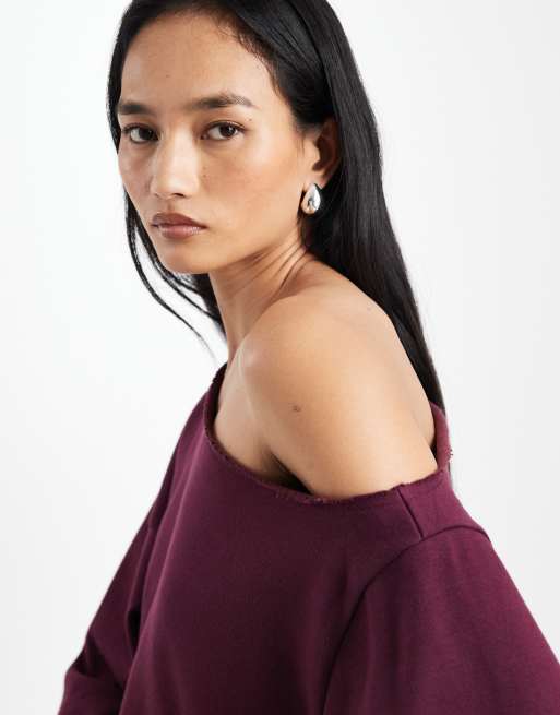 ASOS DESIGN - Felpa color prugna con interno spazzolato e spalla scoperta, 2 di 4