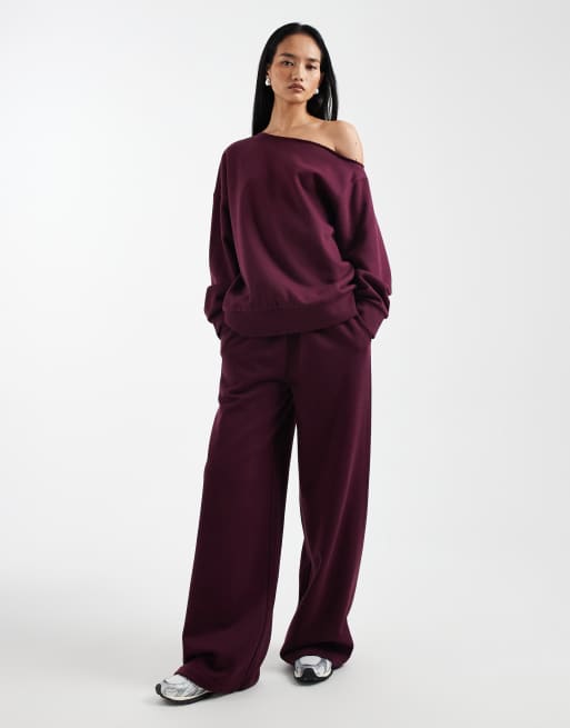 ASOS DESIGN - Felpa color prugna con interno spazzolato e spalla scoperta, 3 di 4