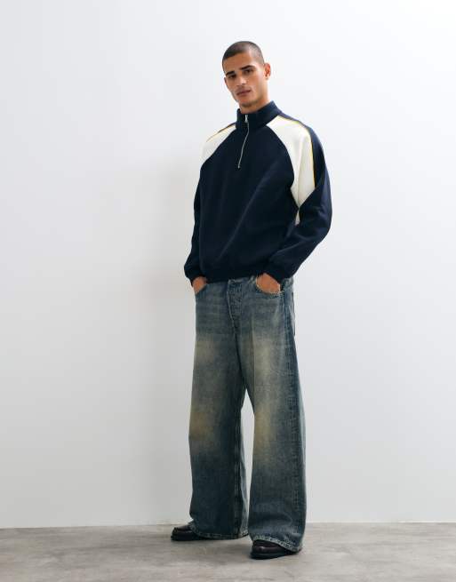 ASOS DESIGN felpa comoda con mezza zip con pannelli taglio e cucito e profili in navy, 2 di 5