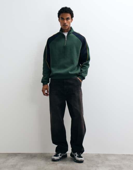ASOS DESIGN - Felpa comoda con zip corta verdi con pannelli cut and sew e profili a contrasto, 2 di 5