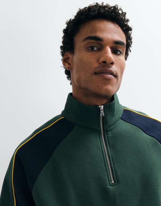 ASOS DESIGN - Felpa comoda con zip corta verdi con pannelli cut and sew e profili a contrasto, 4 di 5