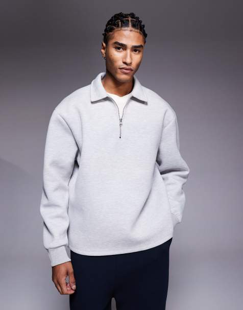 ASOS DESIGN - Felpa comoda grigio mélange con colletto, zip corta e fondo fisso - view 1