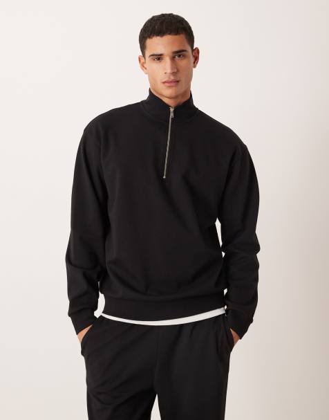 ASOS DESIGN felpa comoda in tessuto morbido con mezza zip Co-ords nera - view 1