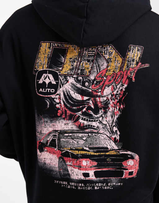 ASOS DESIGN - Felpa comoda nera con cappuccio e stampa di auto, 5 di 5