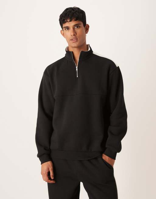 ASOS DESIGN - Felpa comoda nera con pannelli cut and sew, scollo a imbuto e zip corta in coordinato