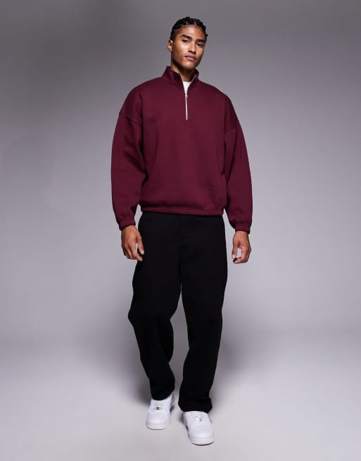 ASOS DESIGN - Felpa comoda squadrata bordeaux con zip corta, 2 di 5