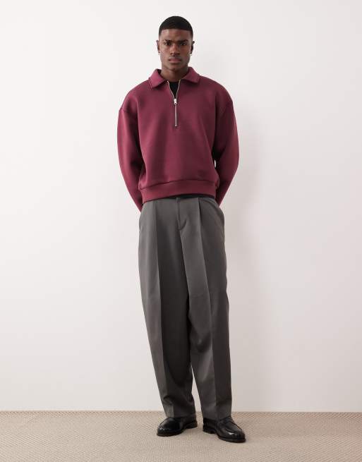 ASOS DESIGN - Felpa comoda squadrata bordeaux in tessuto stile scuba con zip corta e colletto, 2 di 5