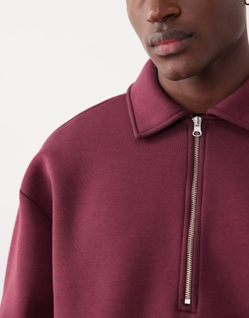 ASOS DESIGN - Felpa comoda squadrata bordeaux in tessuto stile scuba con zip corta e colletto, 5 di 5