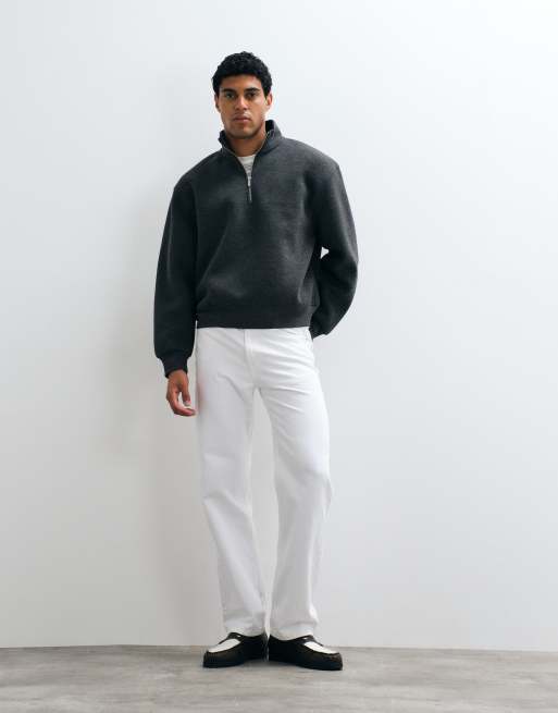 ASOS DESIGN - Felpa comoda squadrata color antracite con zip corta e collo a imbuto