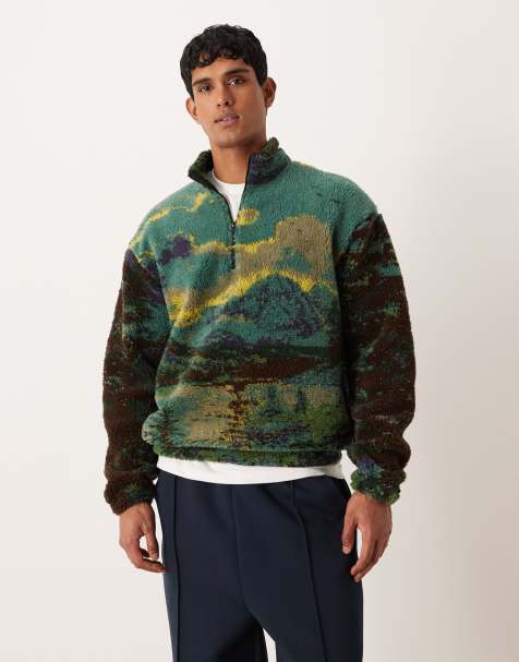 ASOS DESIGN - Felpa comoda verde in pile borg con zip corta e motivo di paesaggio - view 1