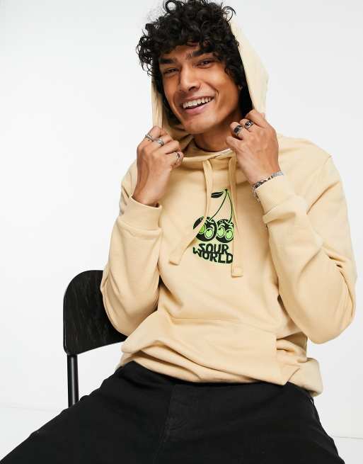 ASOS DESIGN - Felpa con cappuccio beige con stampa di ciliegie fluo sul petto