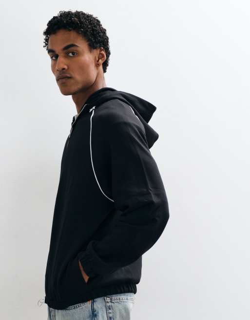 ASOS DESIGN felpa con cappuccio comoda con zip, collo a imbuto, profili e coulisse, nera, 4 di 5