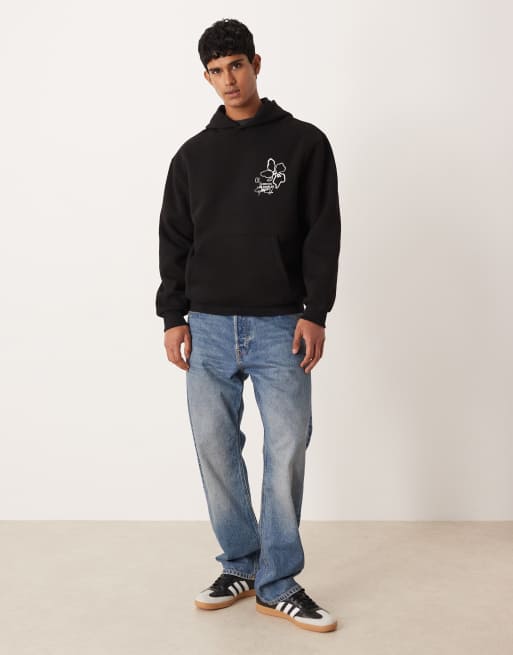 ASOS DESIGN - Felpa con cappuccio comoda nera con stampa di fiori, 2 di 5