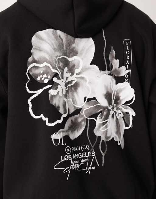 ASOS DESIGN - Felpa con cappuccio comoda nera con stampa di fiori, 5 di 5