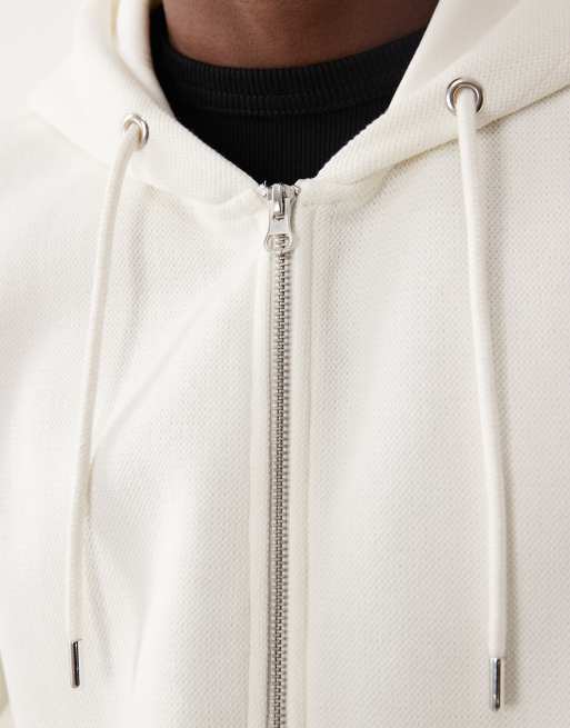 ASOS DESIGN - Felpa con cappuccio comoda piqué color crema con zip in coordinato, 3 di 5