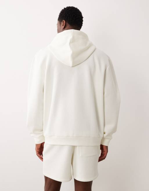 ASOS DESIGN - Felpa con cappuccio comoda piqué color crema con zip in coordinato, 5 di 5