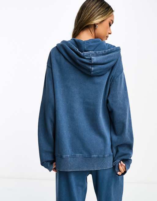 ASOS DESIGN - Felpa con cappuccio con zip blu denim slavato in coordinato, 3 di 4