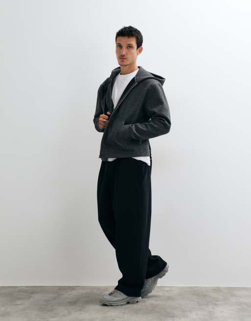 ASOS DESIGN felpa con cappuccio con zip, effetto lana, comoda e squadrata, nera, 4 di 5