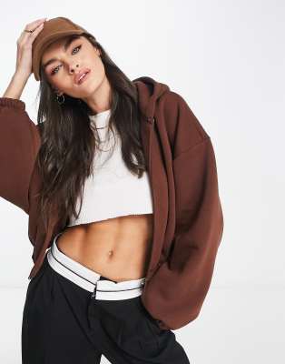 ASOS DESIGN - Felpa con cappuccio corta color cioccolato con zip