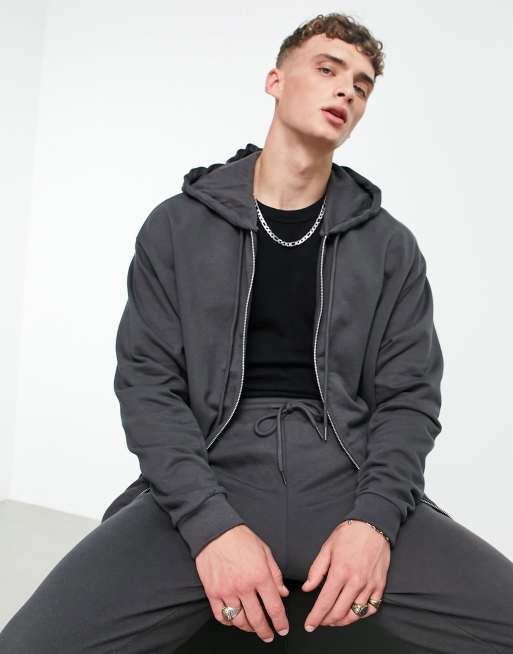 ASOS DESIGN - Felpa con cappuccio e zip oversize nero slavato in coordinato
