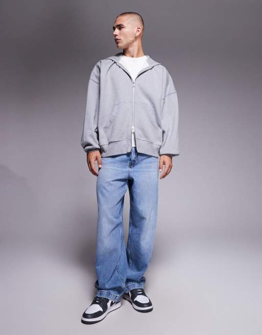 ASOS DESIGN - Felpa con cappuccio e zip premium super oversize pesante da 400 g/m² grigio mélange, 2 di 5