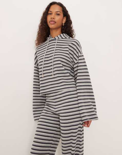 ASOS DESIGN - Felpa con cappuccio grigia spazzolata a righe in coordinato - view 1