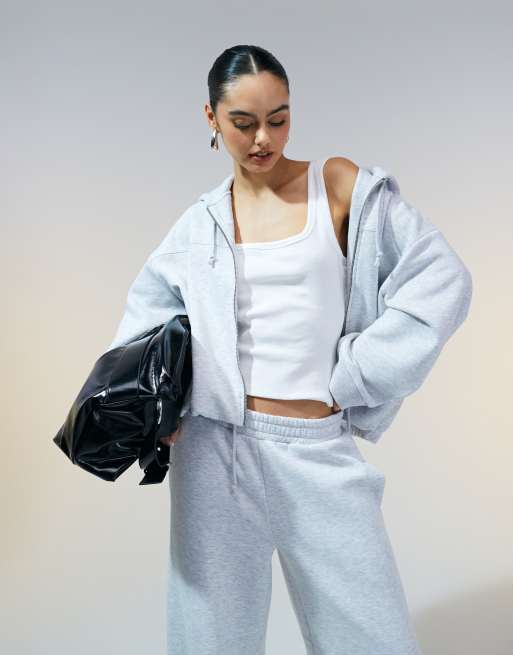 ASOS DESIGN - Felpa con cappuccio grigio mélange con fondo a palloncino e zip in coordinato
