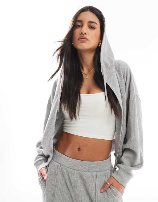 ASOS DESIGN - Felpa con cappuccio in tessuto a nido d'ape grigio mélange con zip in coordinato